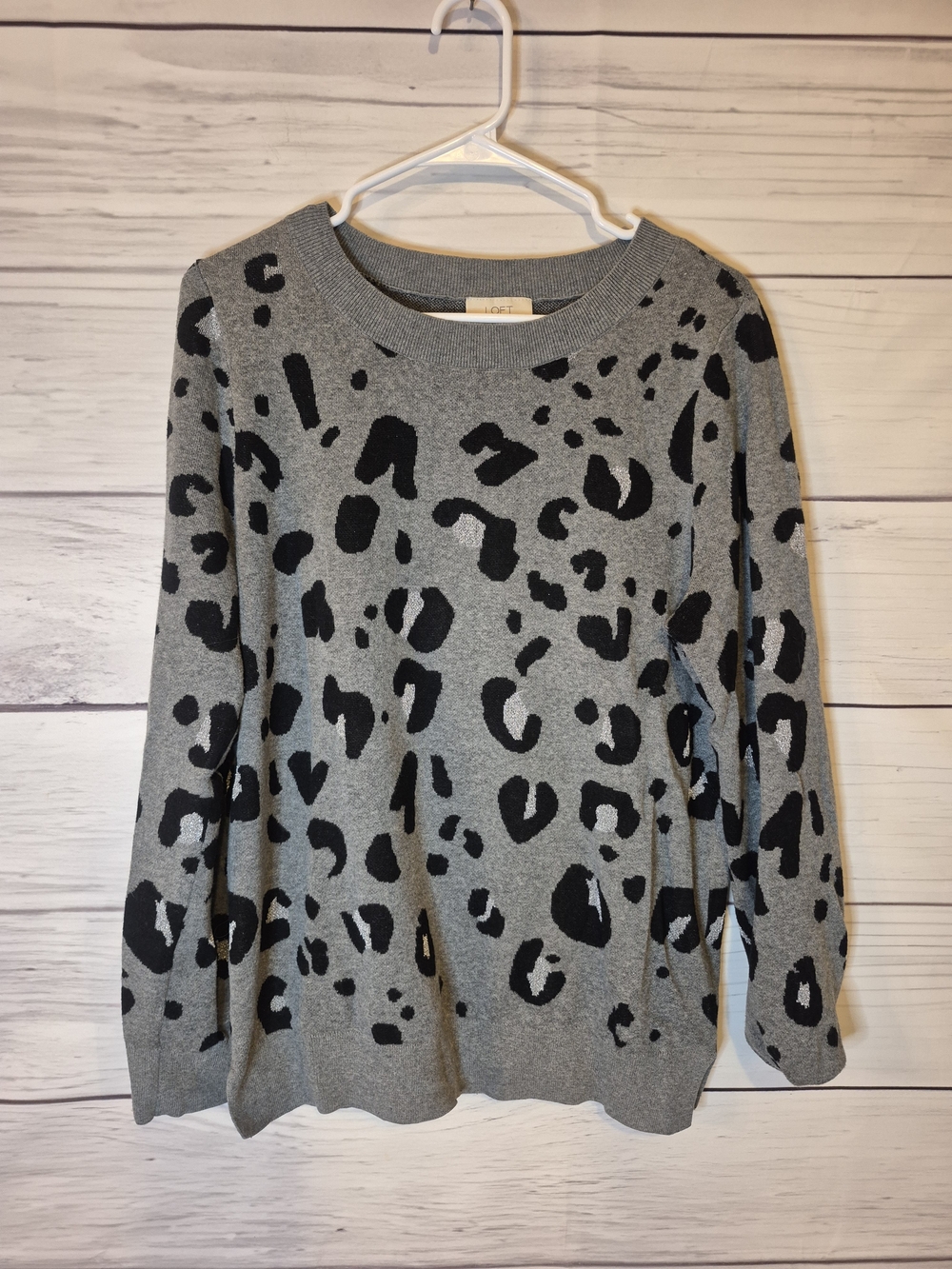 LOFT Gray Crewneck Sweater with Black Leopard Print Side Slits